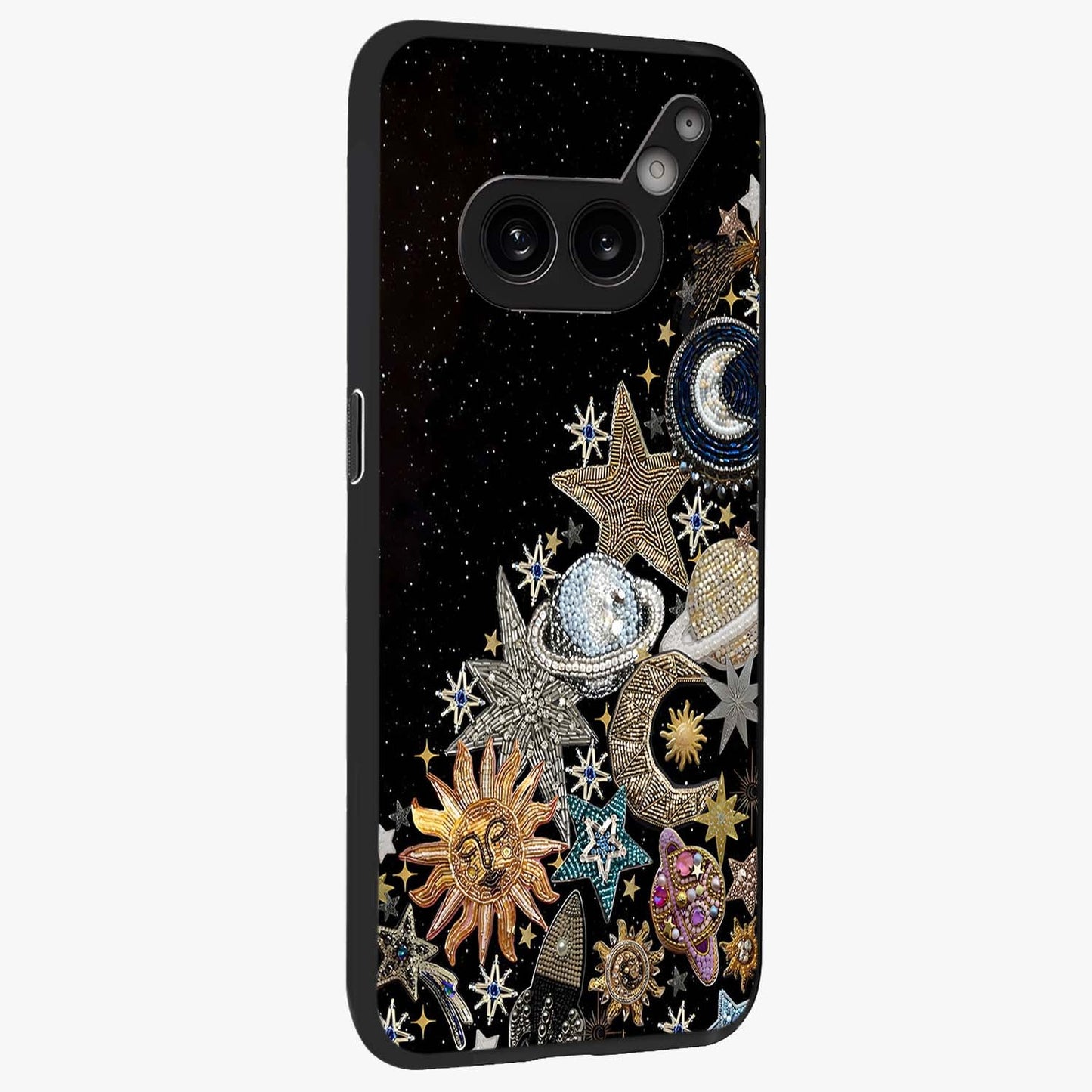 Cosmic Sparkle Dreams Glass Case upright view showcasing glowing cosmic artwork with magical galaxy theme.