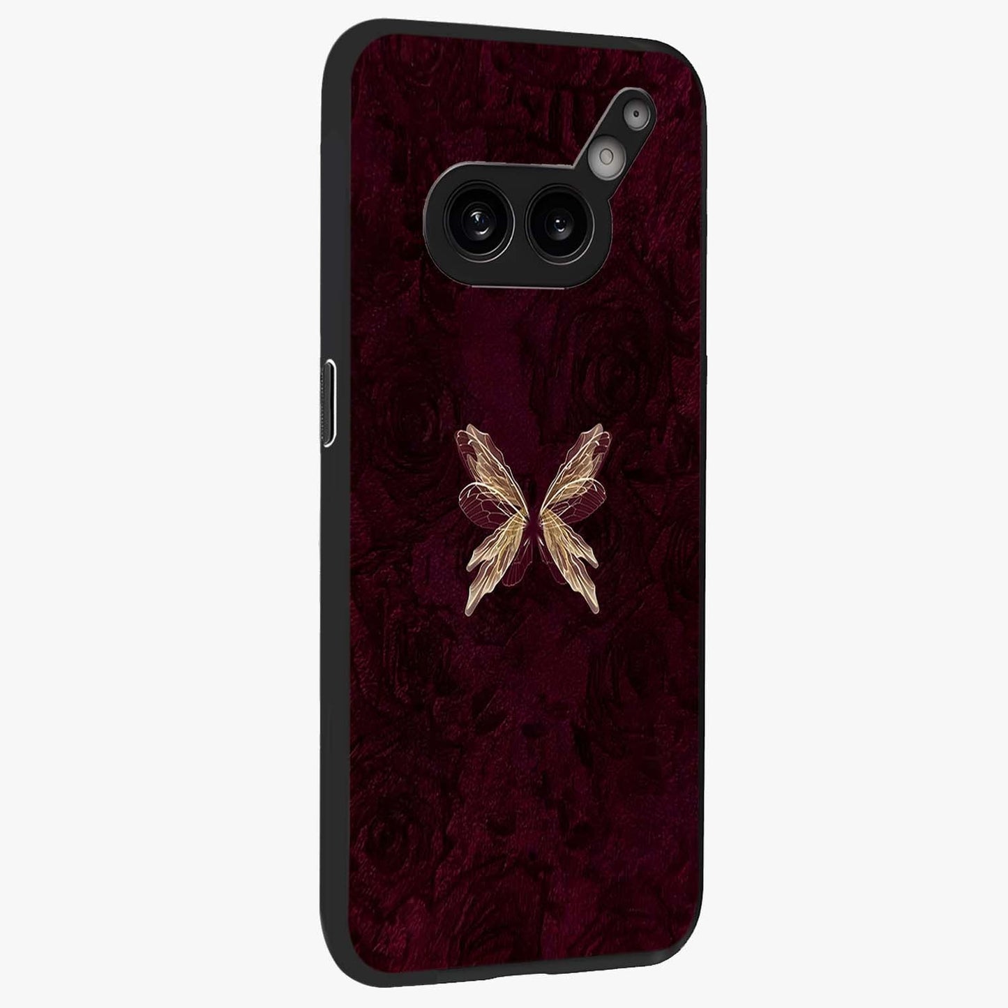 Crimson Fade Butterfly Glass Case upright view showcasing graceful butterfly artwork with soft crimson fade effect.