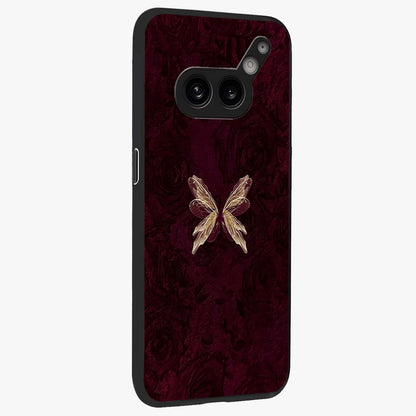 Crimson Fade Butterfly Glass Case upright view showcasing graceful butterfly artwork with soft crimson fade effect.