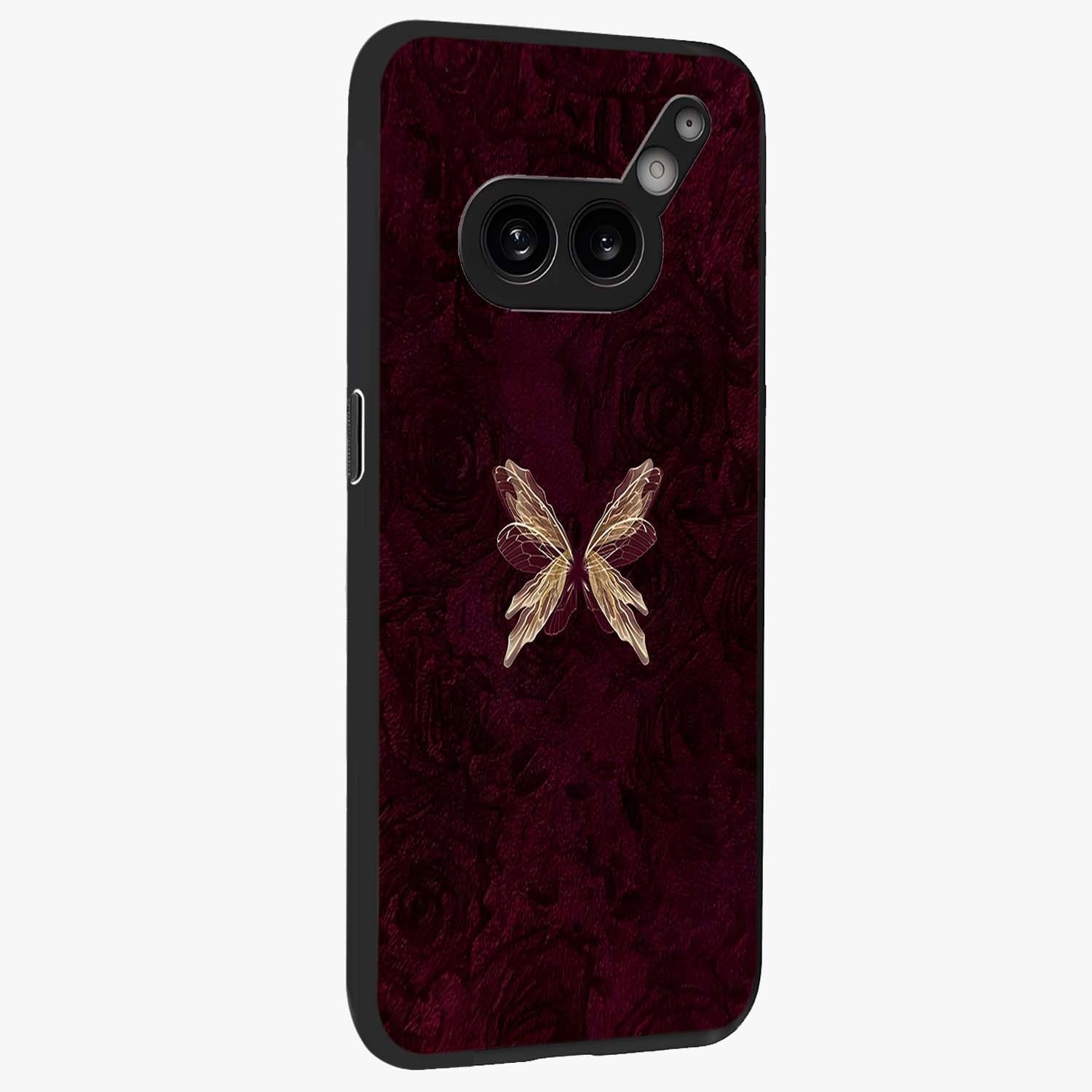 Crimson Fade Butterfly Glass Case upright view showcasing graceful butterfly artwork with soft crimson fade effect.