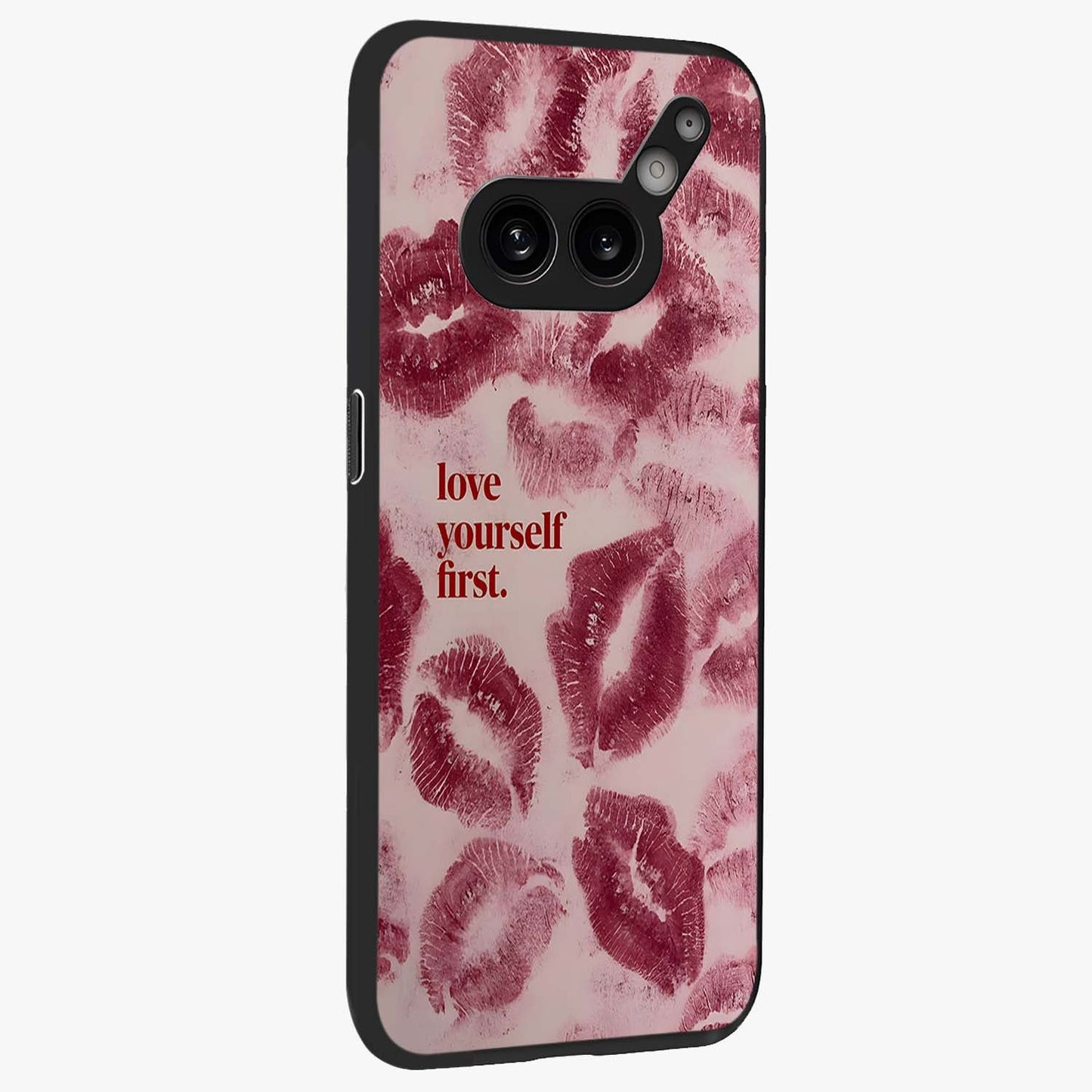 Crimson Kiss Love Glass Case upright view showcasing expressive romantic artwork with deep crimson theme.