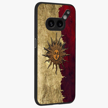 Crimson Sun Majesty Glass Case upright view showcasing vibrant sun artwork with powerful celestial theme.