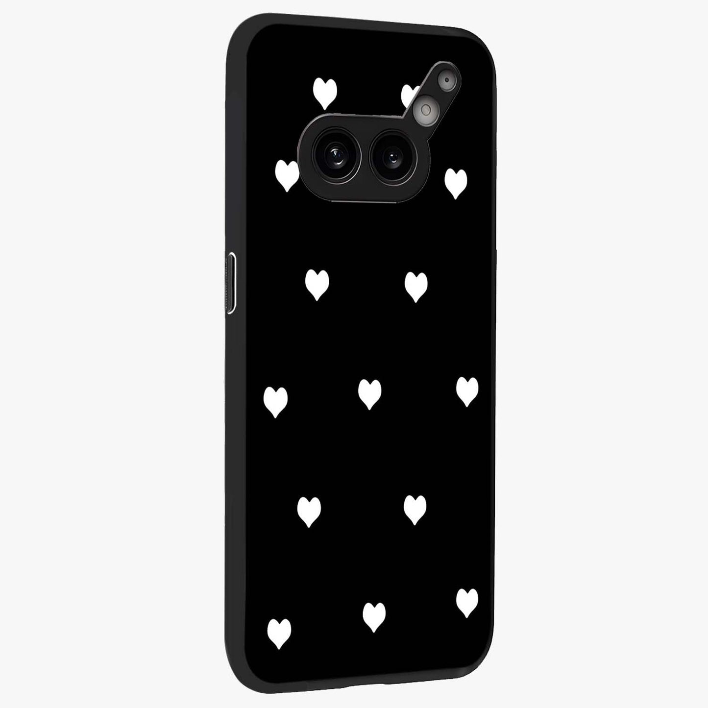 Cute And Simple White Hearts Glass Case upright view showcasing simple white hearts artwork with soft minimal theme.