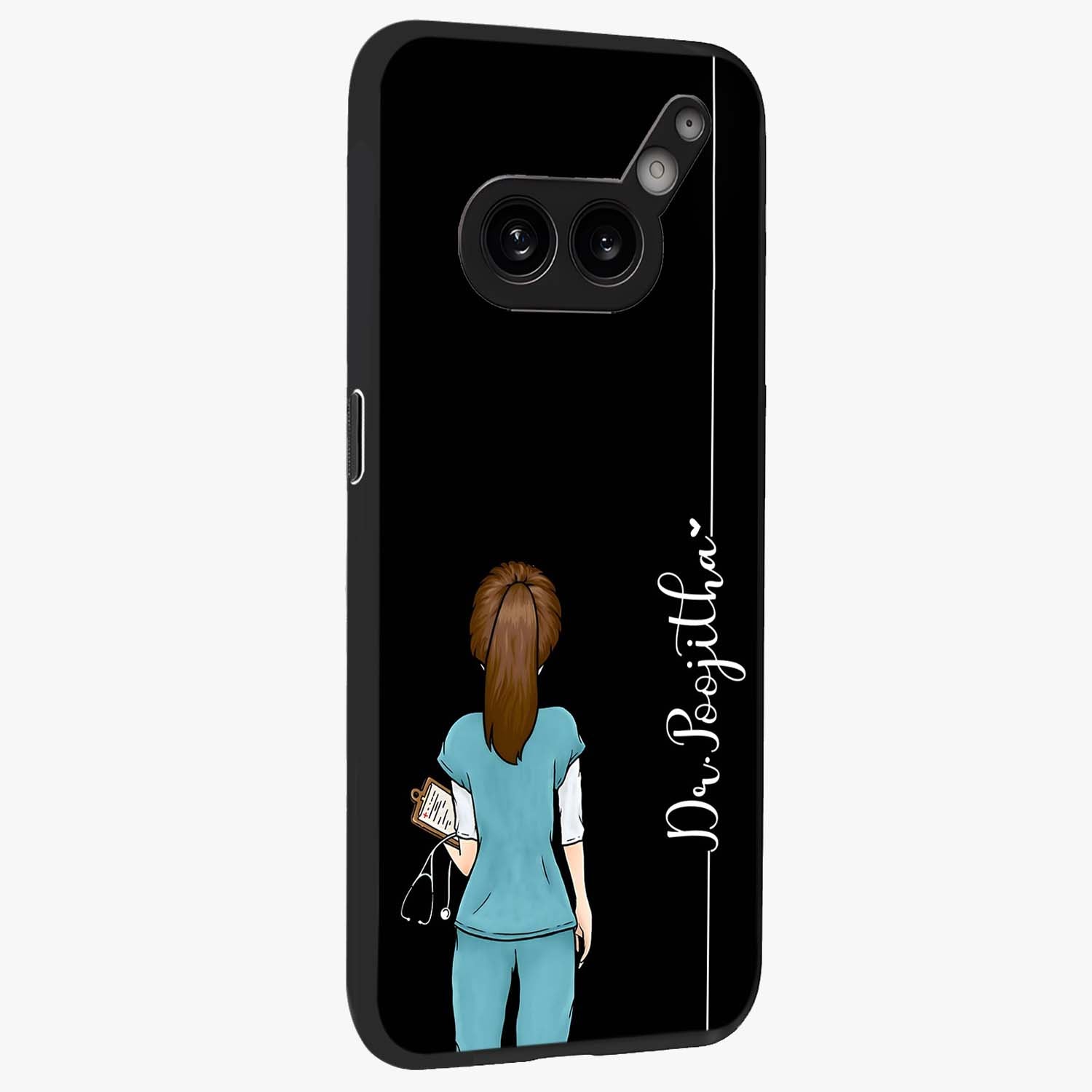 Doctor Pattern Custom Name Glass Case upright view showcasing healthcare themed design with personalized aesthetic.