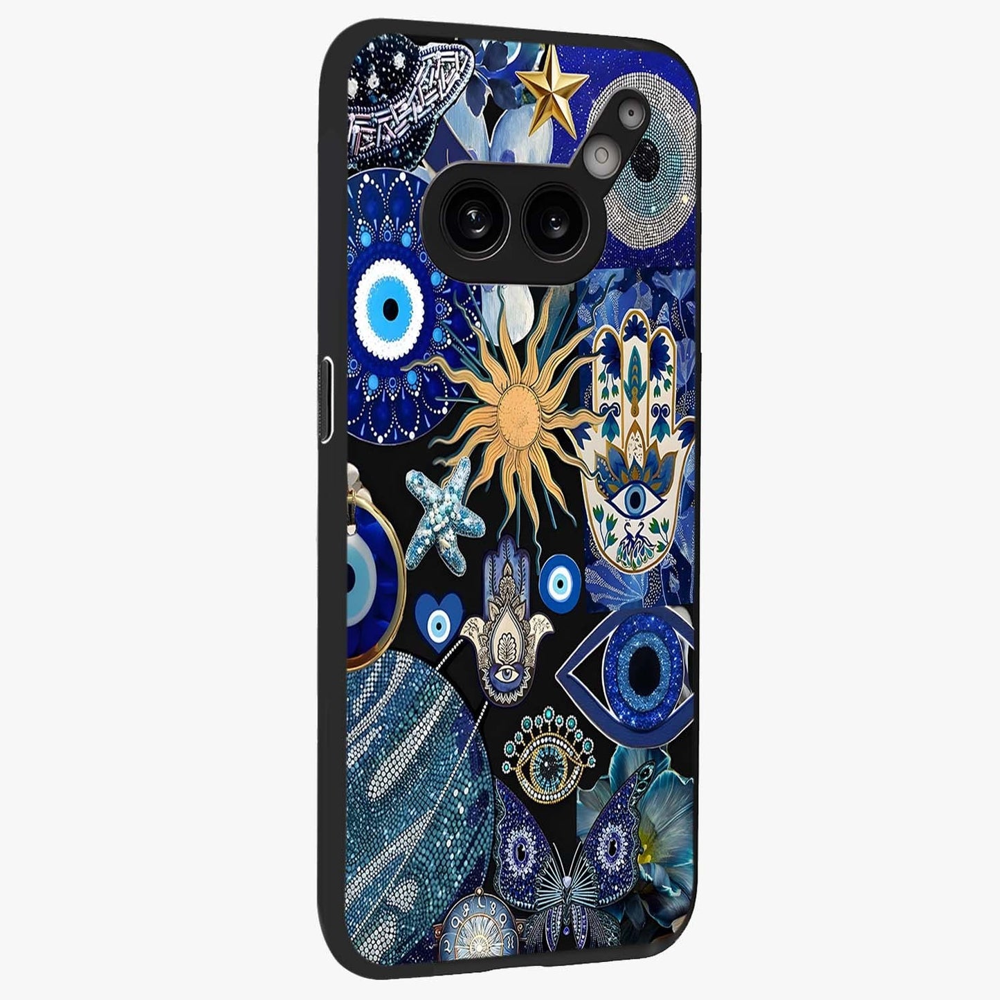 Evil Eye Charm Mix Glass Case upright view showcasing mystical evil eye pattern with vibrant decorative style.