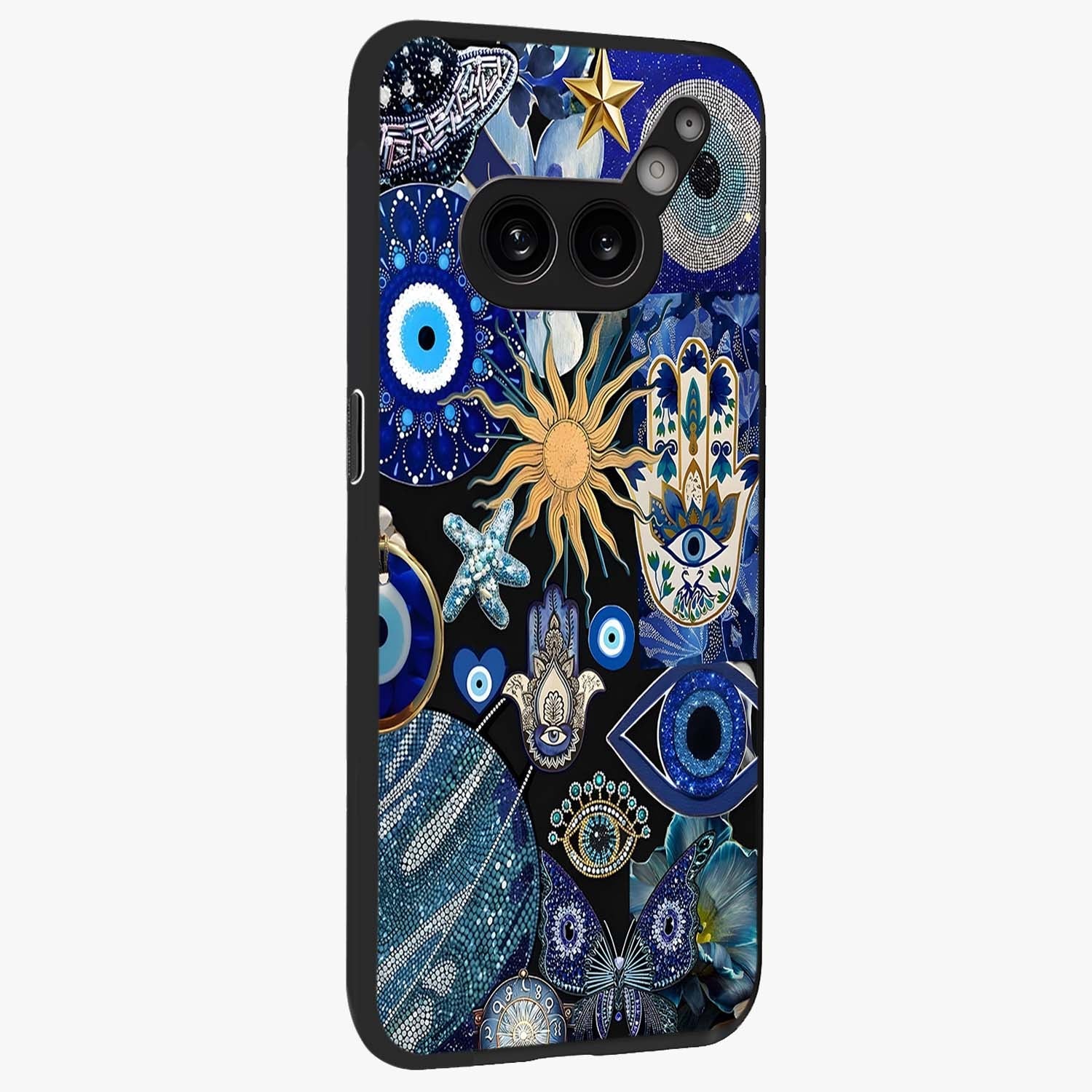 Evil Eye Charm Mix Glass Case upright view showcasing mystical evil eye pattern with vibrant decorative style.