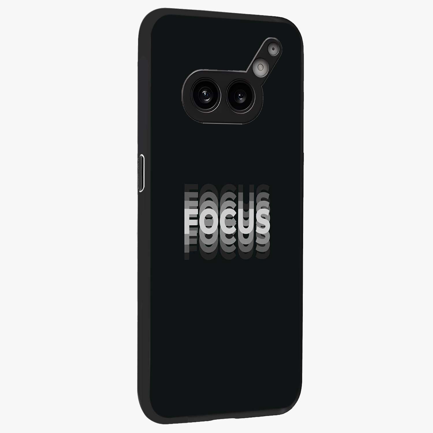 Focus Mode On Glass Case upright view showcasing strong typography statement with sleek motivational theme.