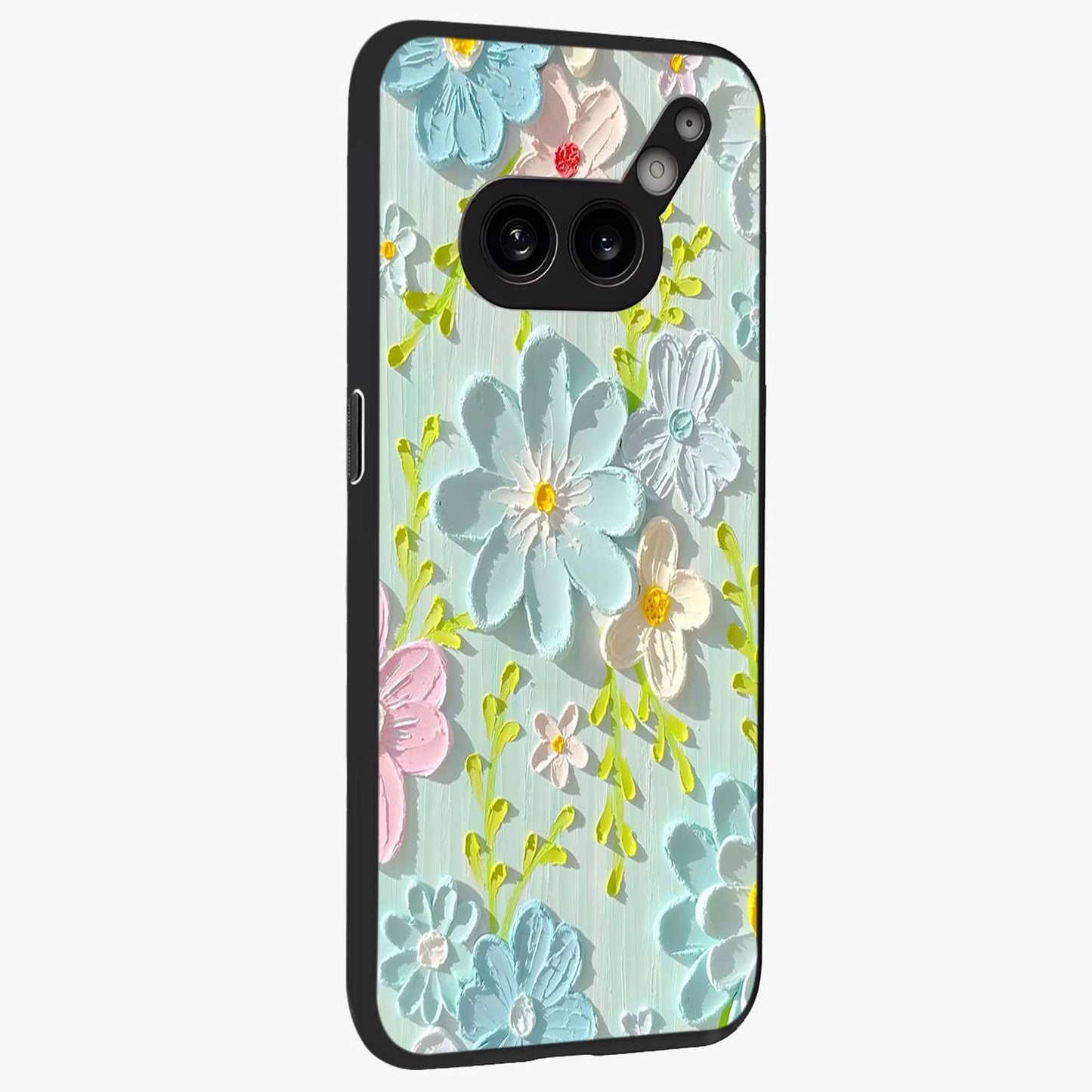 Frosted Petal Garden Glass Case upright view showcasing elegant floral garden artwork with soothing pastel theme.
