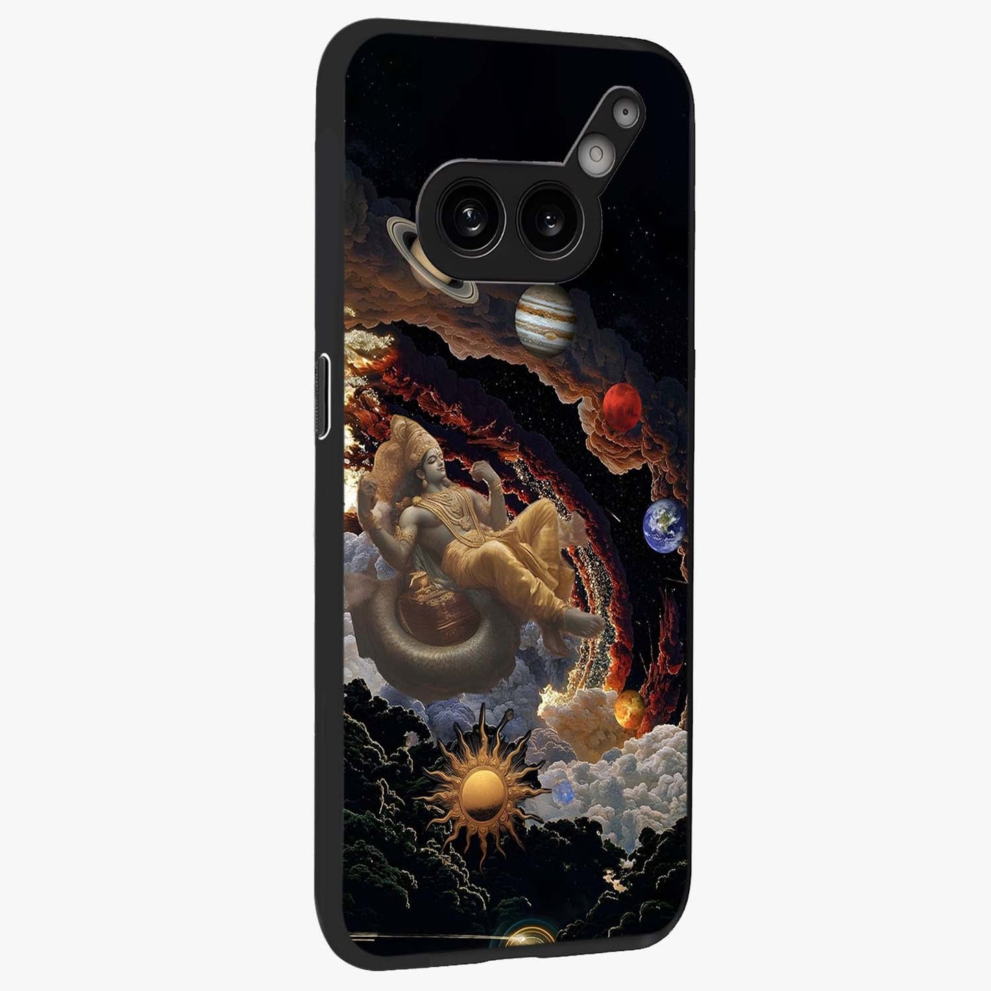 Galactic Divine God Glass Case upright view showcasing mystical divine artwork with dramatic cosmic theme.