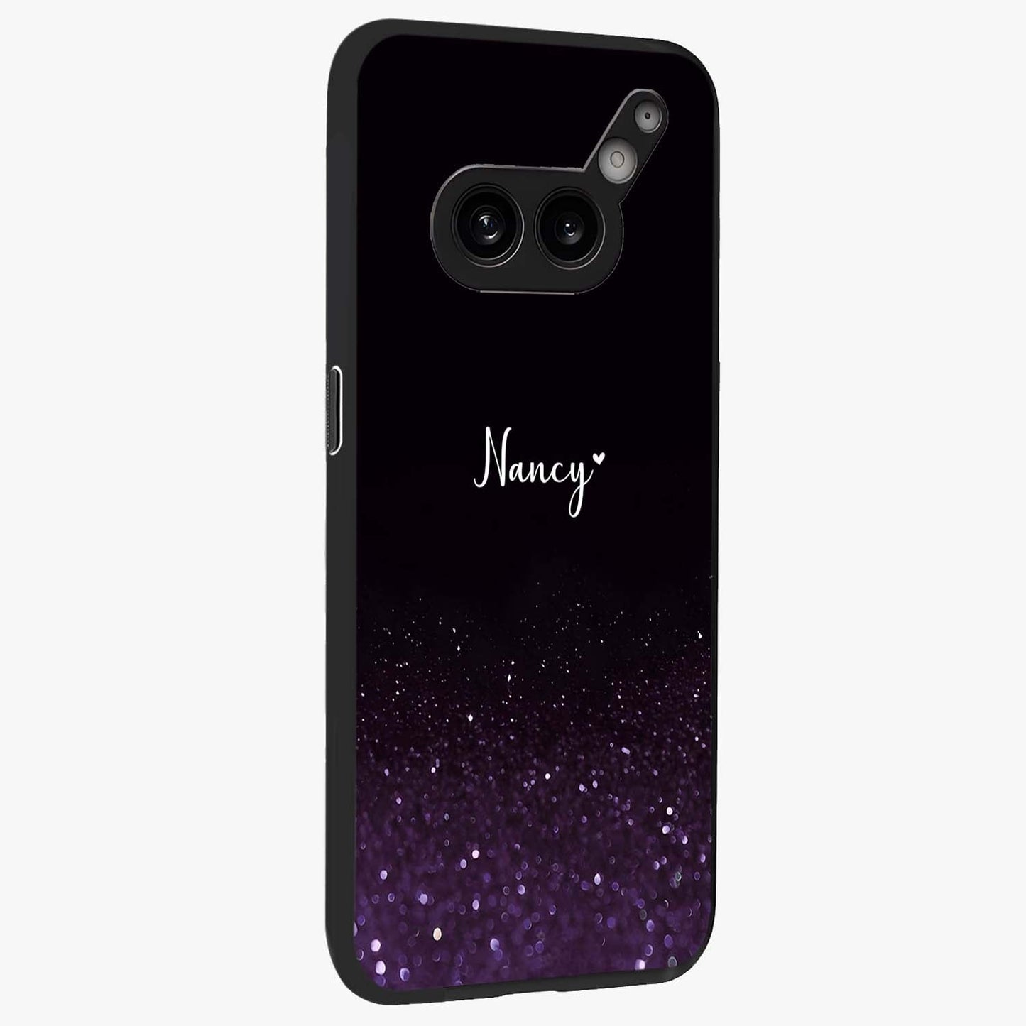 Glittery Purple Bokeh Custom Name Glass Case upright view showcasing vibrant purple sparkle artwork with personalized aesthetic style.