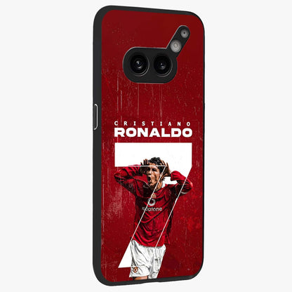 Goal Celebration Legacy Glass Case upright view showcasing dynamic football inspired artwork with victory celebration aesthetic.