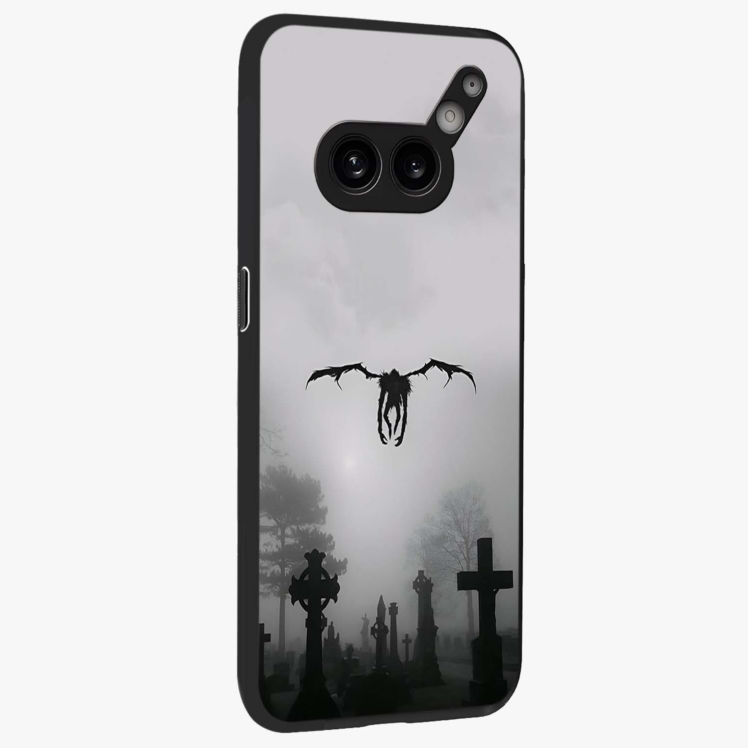 Graveyard Shadow Descent Glass Case upright view showcasing haunting graveyard artwork with dramatic dark theme.