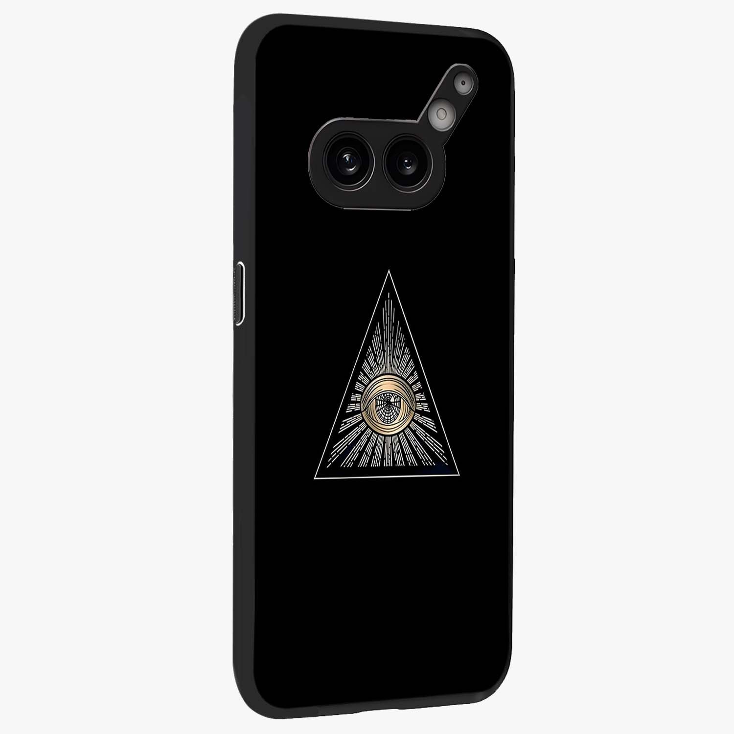 Illuminati Evil Glass Case upright view showcasing striking illuminati artwork with mysterious symbolic theme.