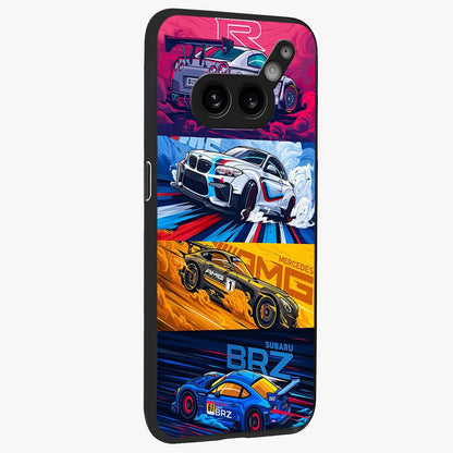 JDM Sports Car Glass Case upright view showcasing dynamic sports car artwork with bold racing theme.