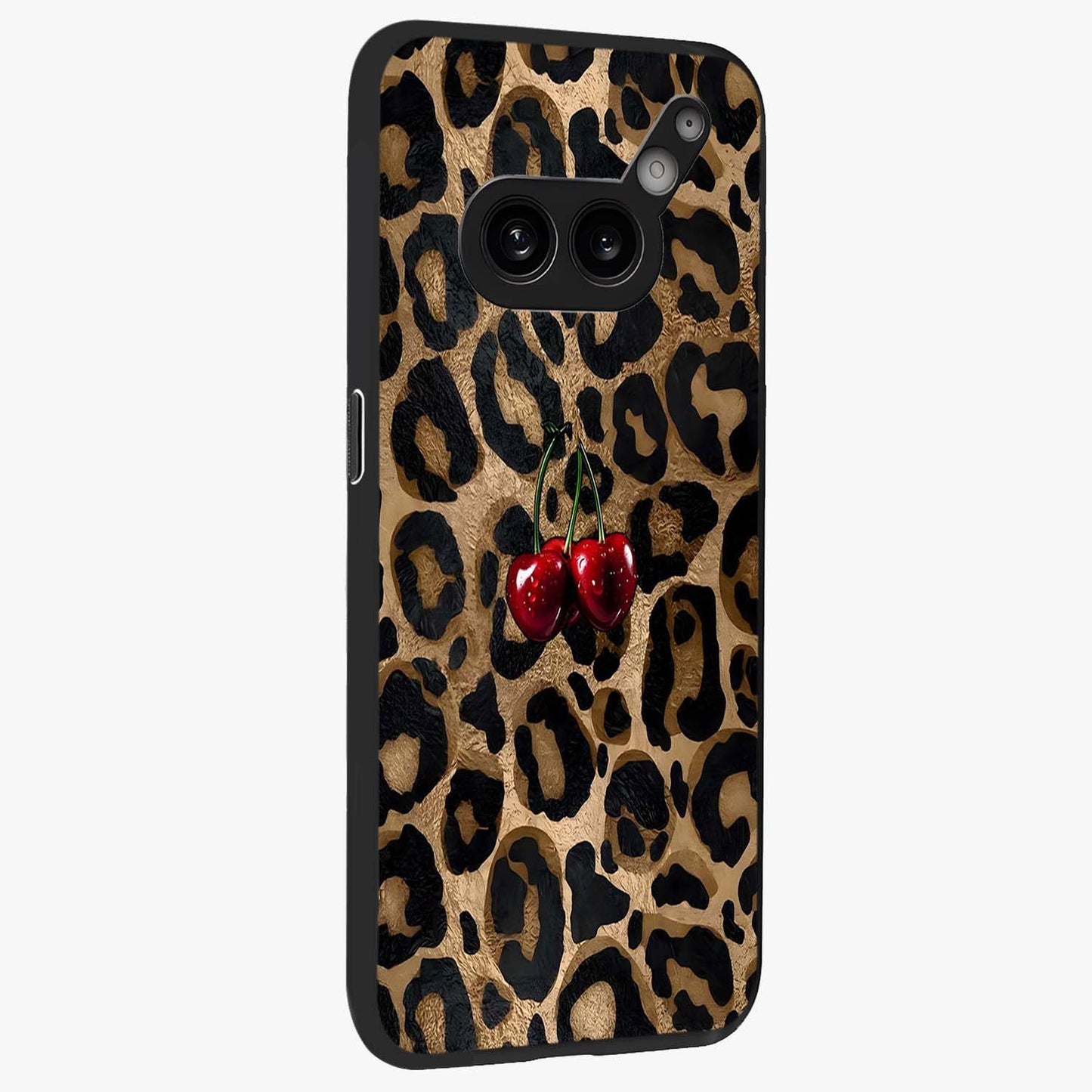 Leopard Wild Cherry Glass Case upright view showcasing stylish leopard pattern artwork with trendy fashion theme.