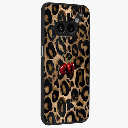 Leopard Wild Cherry Glass Case upright view showcasing stylish leopard pattern artwork with trendy fashion theme.