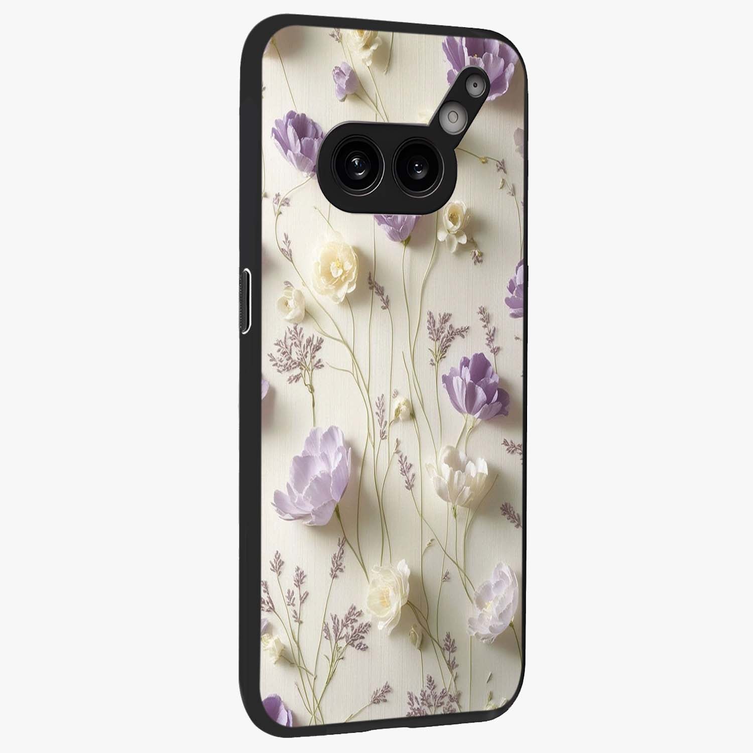 Lilac Breeze Harmony Glass Case upright view showcasing delicate lilac artwork with peaceful floral theme.