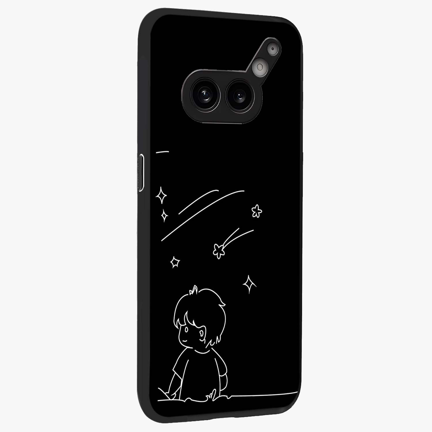 Line Art Boy With Shooting Stars Glass Case upright view showcasing artistic shooting star illustration with minimal style.