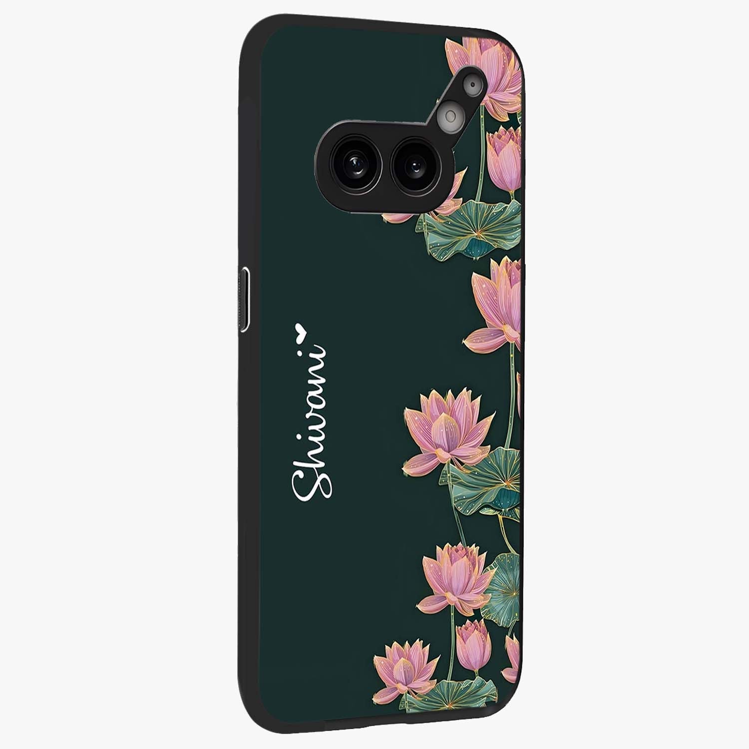 Lotus Bloom Serenity Custom Name Glass Case upright view showcasing serene lotus bloom artwork with personalized floral aesthetic.