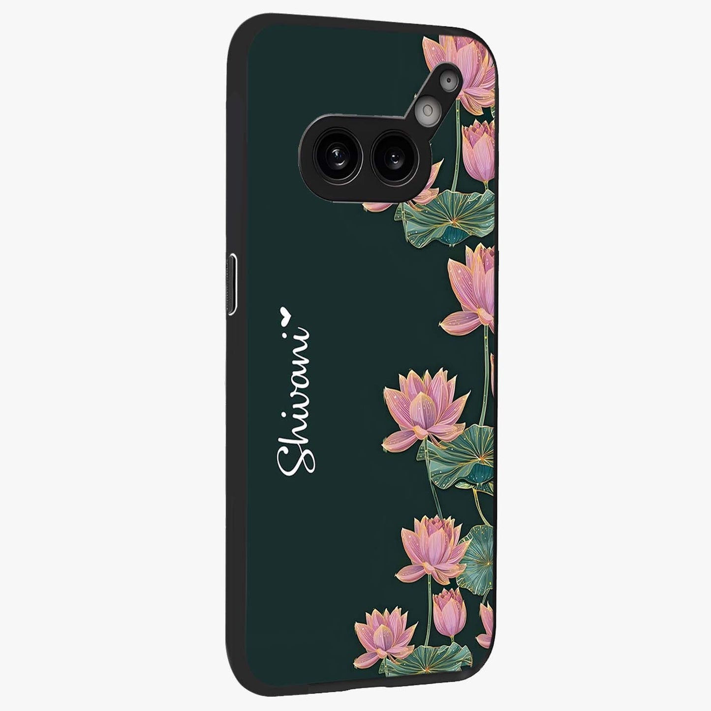 Lotus Bloom Serenity Custom Name Glass Case upright view showcasing serene lotus bloom artwork with personalized floral aesthetic.
