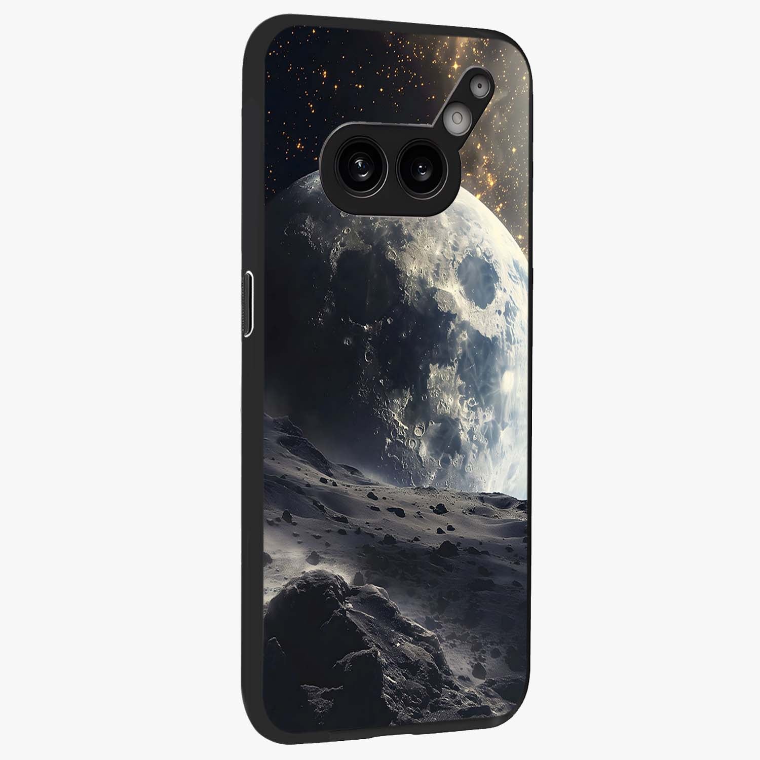 Lunar Horizon Glow Glass Case upright view showcasing radiant lunar artwork with calm cosmic theme.