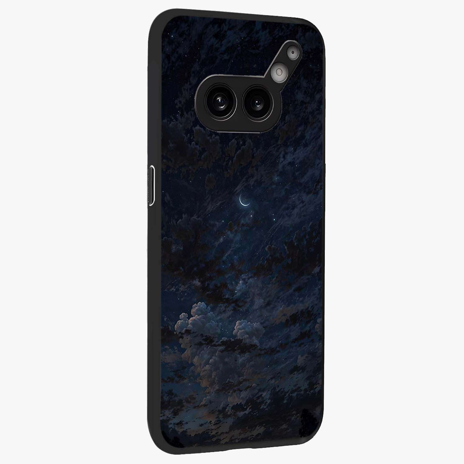 Lunar Veil Silence Glass Case upright view showcasing calm moon themed artwork with serene night atmosphere.