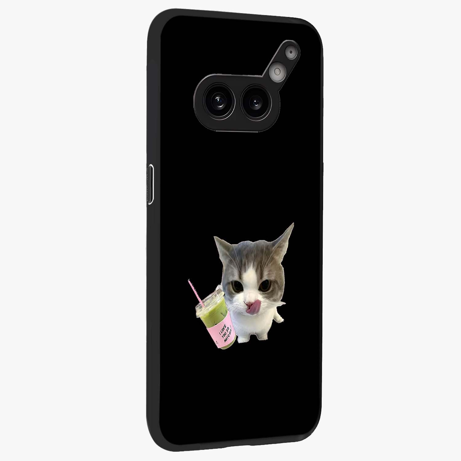 Matcha Cat Style Glass Case upright view showcasing charming cat artwork with cozy aesthetic theme.