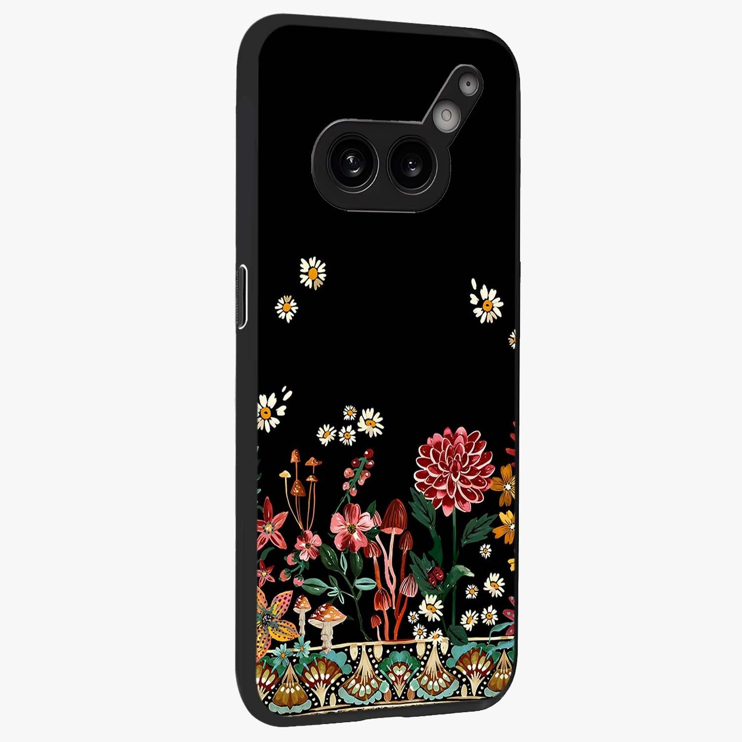 Midnight Bloom Pattern Glass Case upright view showcasing decorative floral artwork with deep night themed palette.