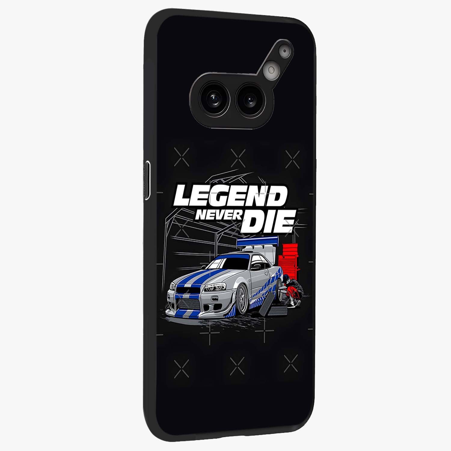 Midnight Racing Legacy Glass Case upright view showcasing powerful racing artwork with modern sports theme.