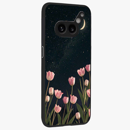 Midnight Tulip Whispers Vibe Glass Case upright view showcasing graceful tulip artwork with calm botanical theme.
