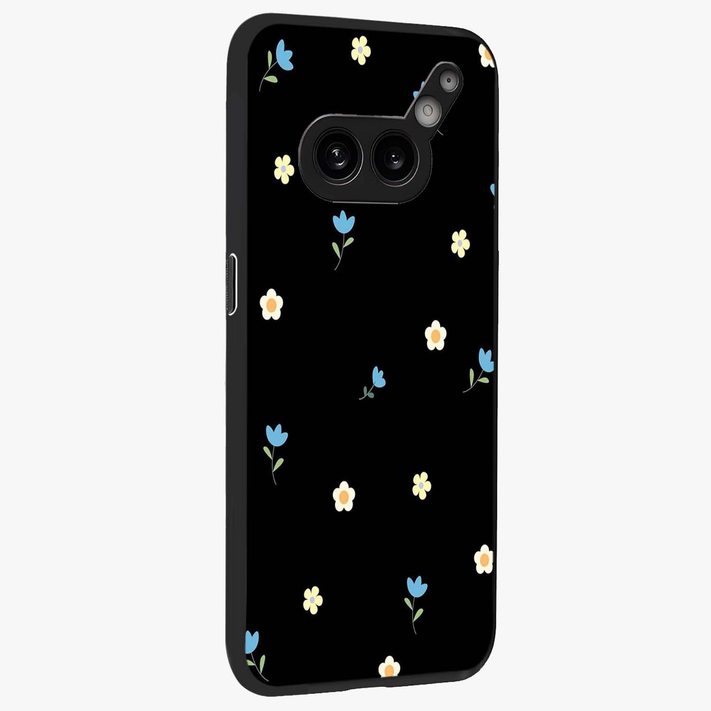 Minimal Petal Whispers Glass Case upright view showcasing elegant floral artwork with modern minimalist style.