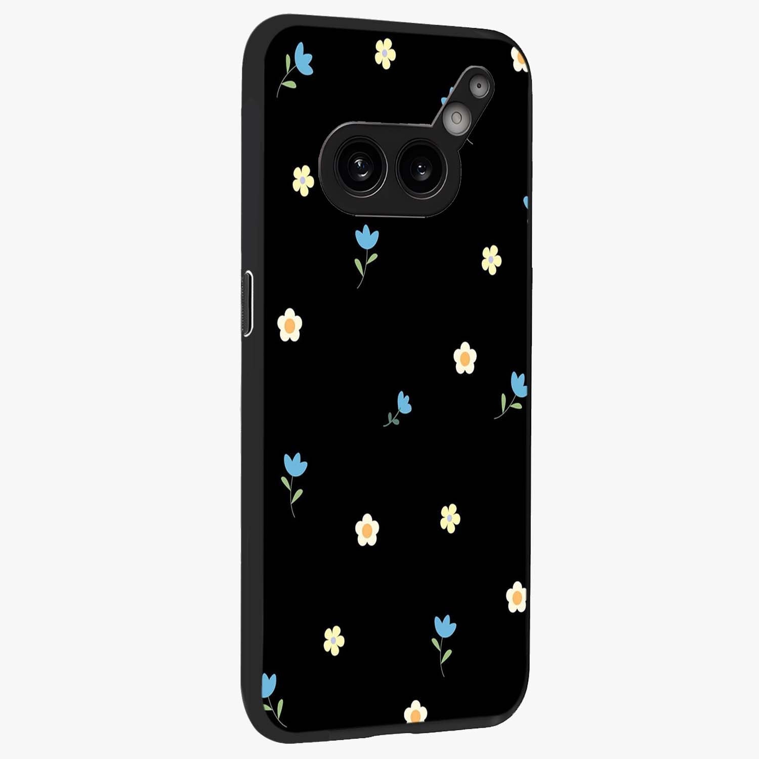 Minimal Petal Whispers Glass Case upright view showcasing elegant floral artwork with modern minimalist style.