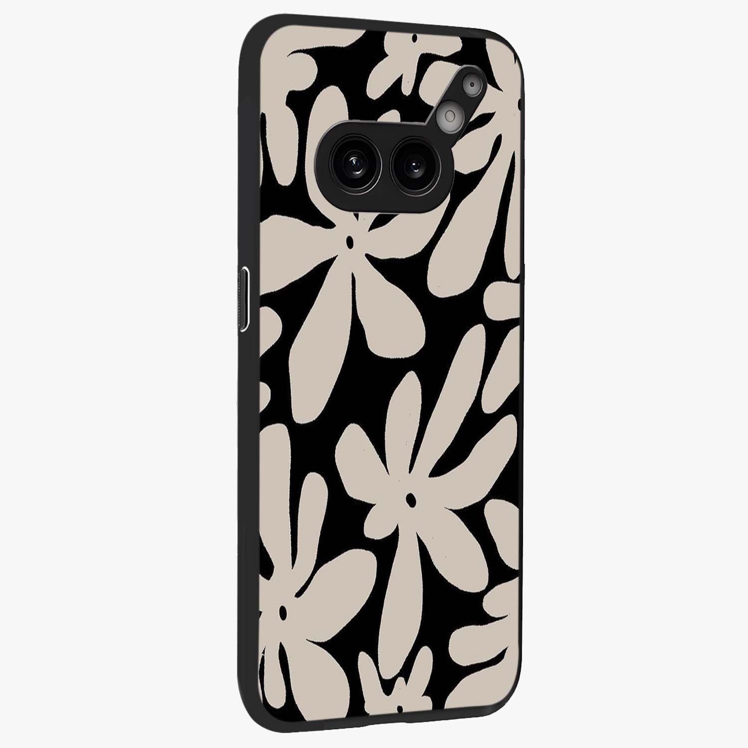 Monochrome Petal Dance Glass Case upright view showcasing artistic floral pattern with stylish monochrome theme.