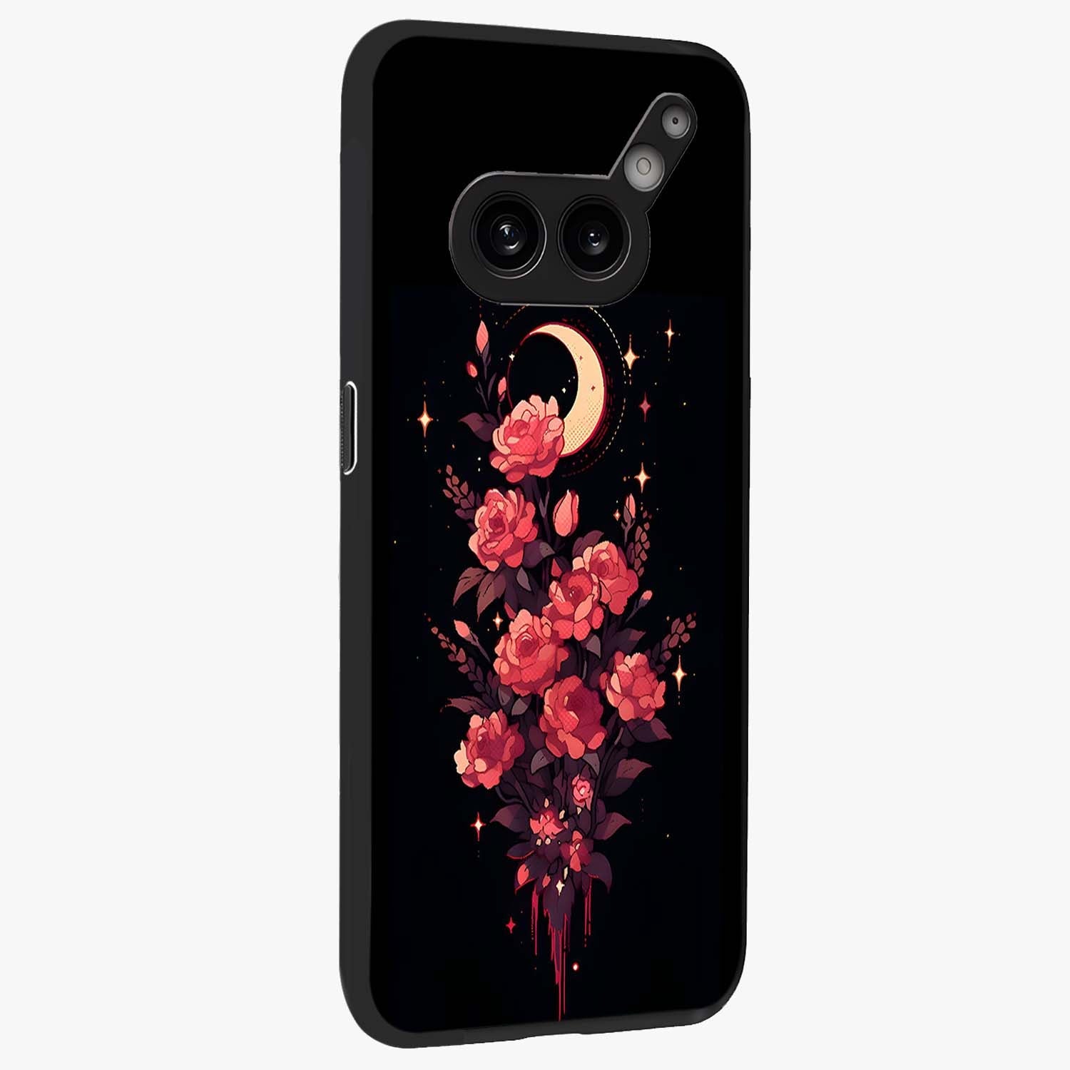 Moonlit Floral Elegance Glass Case upright view showcasing delicate floral artwork with refined night inspired theme.