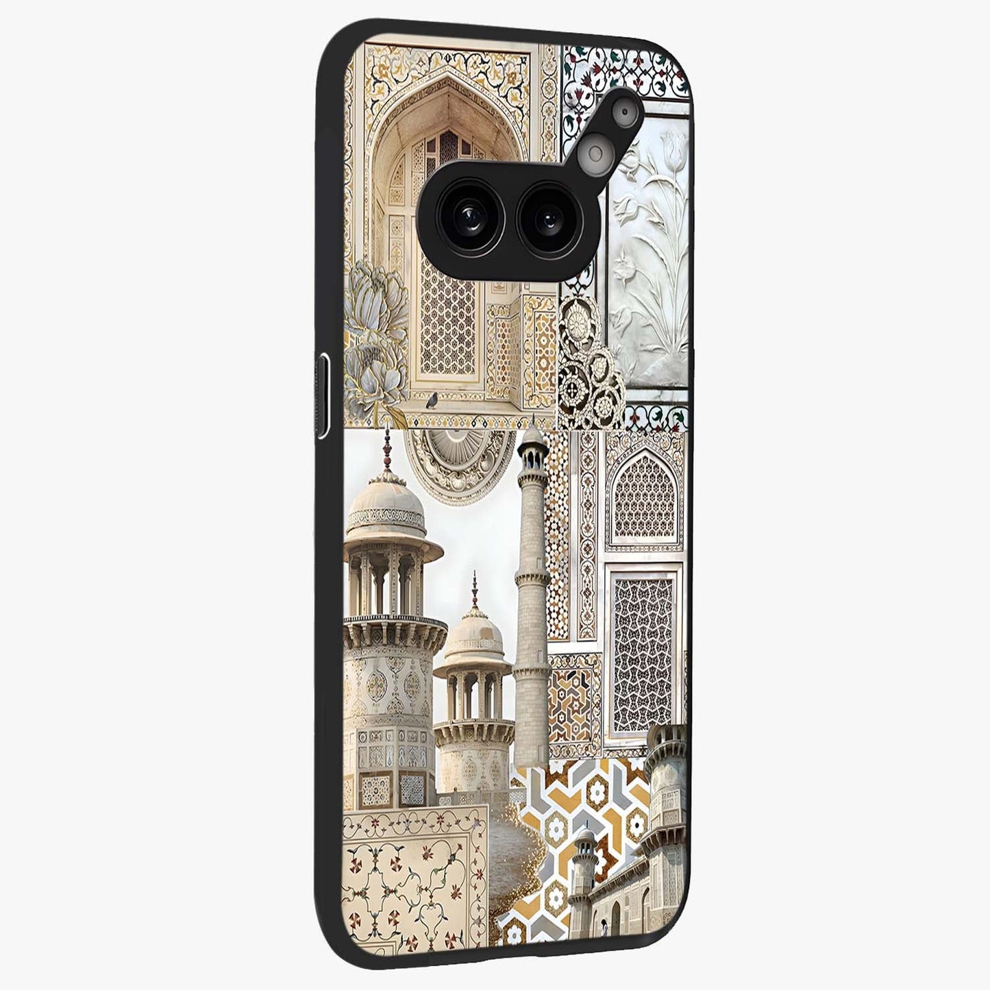 Mughal Marble Legacy Glass Case upright view showcasing ornate Mughal design with luxurious traditional theme.