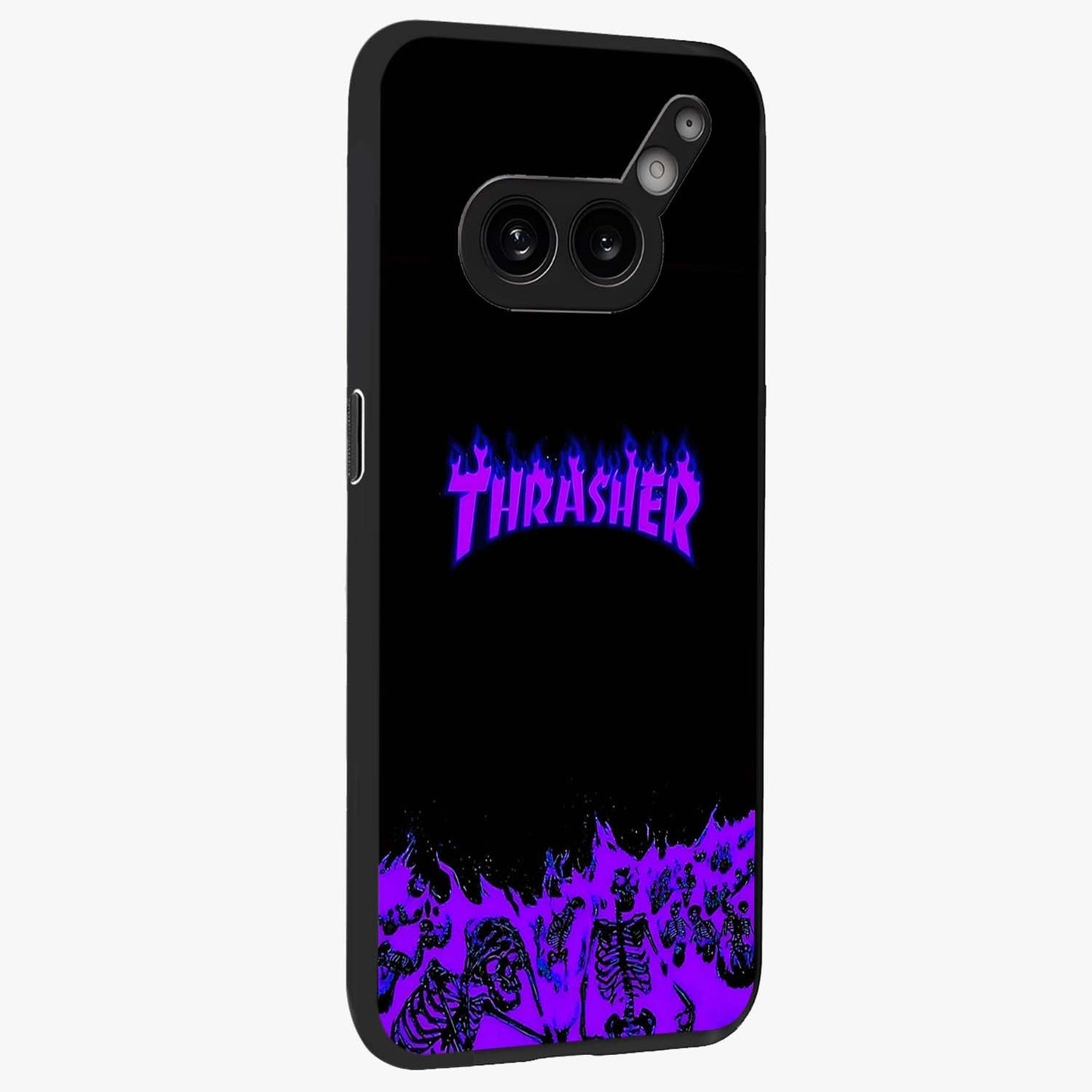 Neon Flame Riot Glass Case upright view showcasing dynamic flame artwork with energetic neon theme.