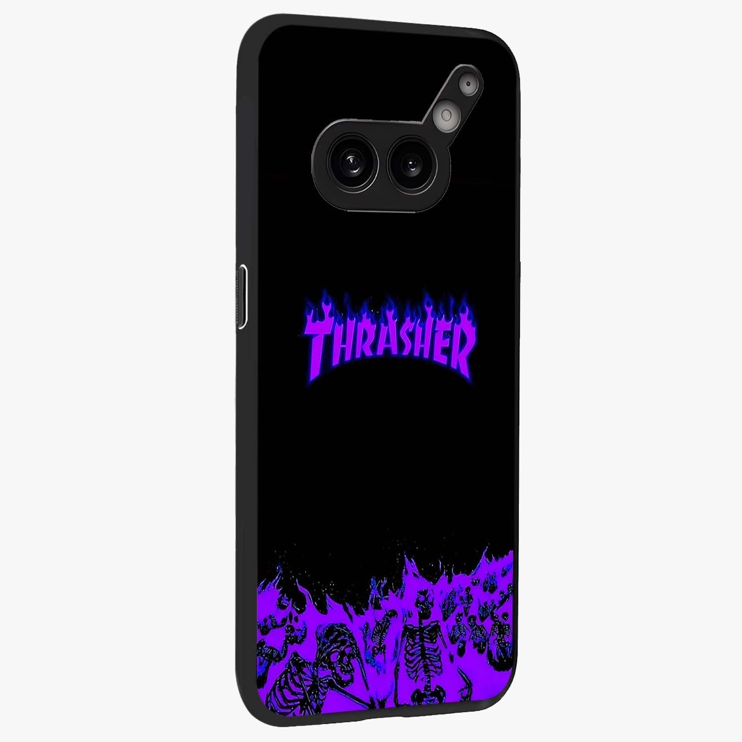 Neon Flame Riot Glass Case upright view showcasing dynamic flame artwork with energetic neon theme.