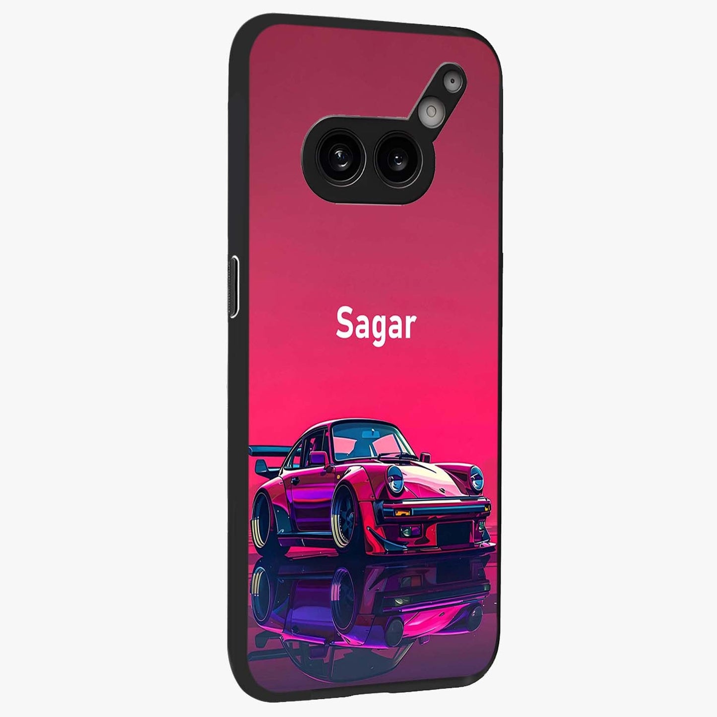Neon Pink Porsche Glass Case upright view showcasing vibrant sports car artwork with bold automotive theme.
