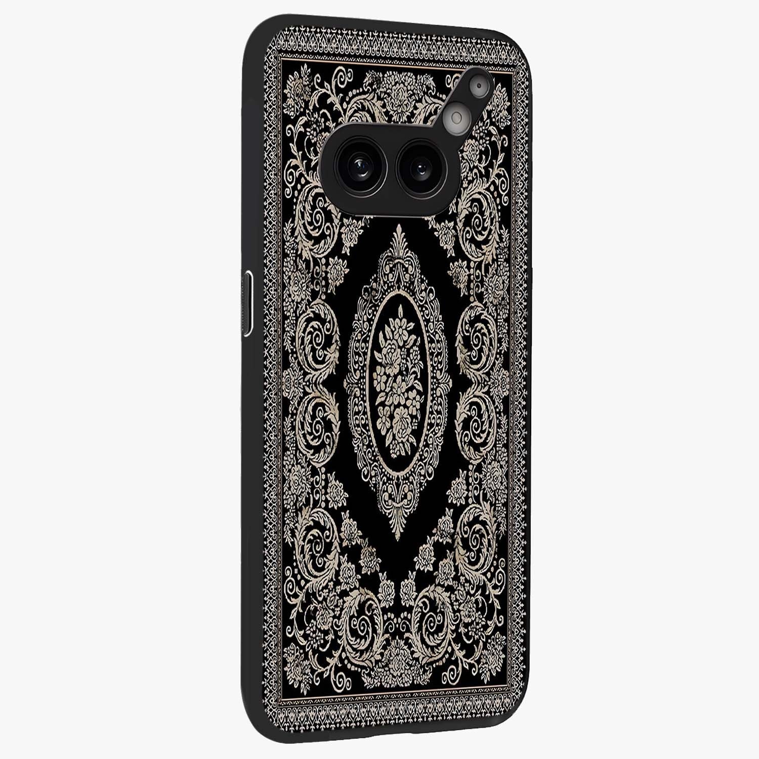 Noir Bloom Elegance Glass Case upright view showcasing graceful floral artwork with luxurious dark theme.