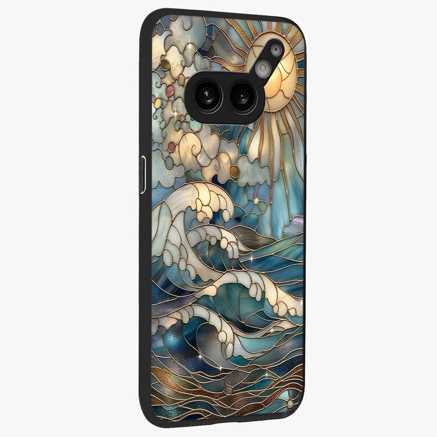 Oceanic Stained Printed Glass Case upright view showcasing decorative ocean pattern artwork with vibrant marine theme.