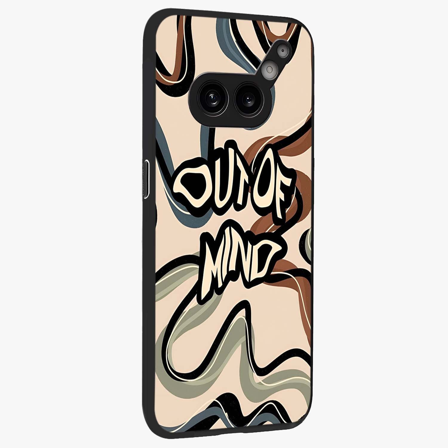 Out Of Mind Glass Case upright view showcasing striking typography artwork with edgy conceptual theme.