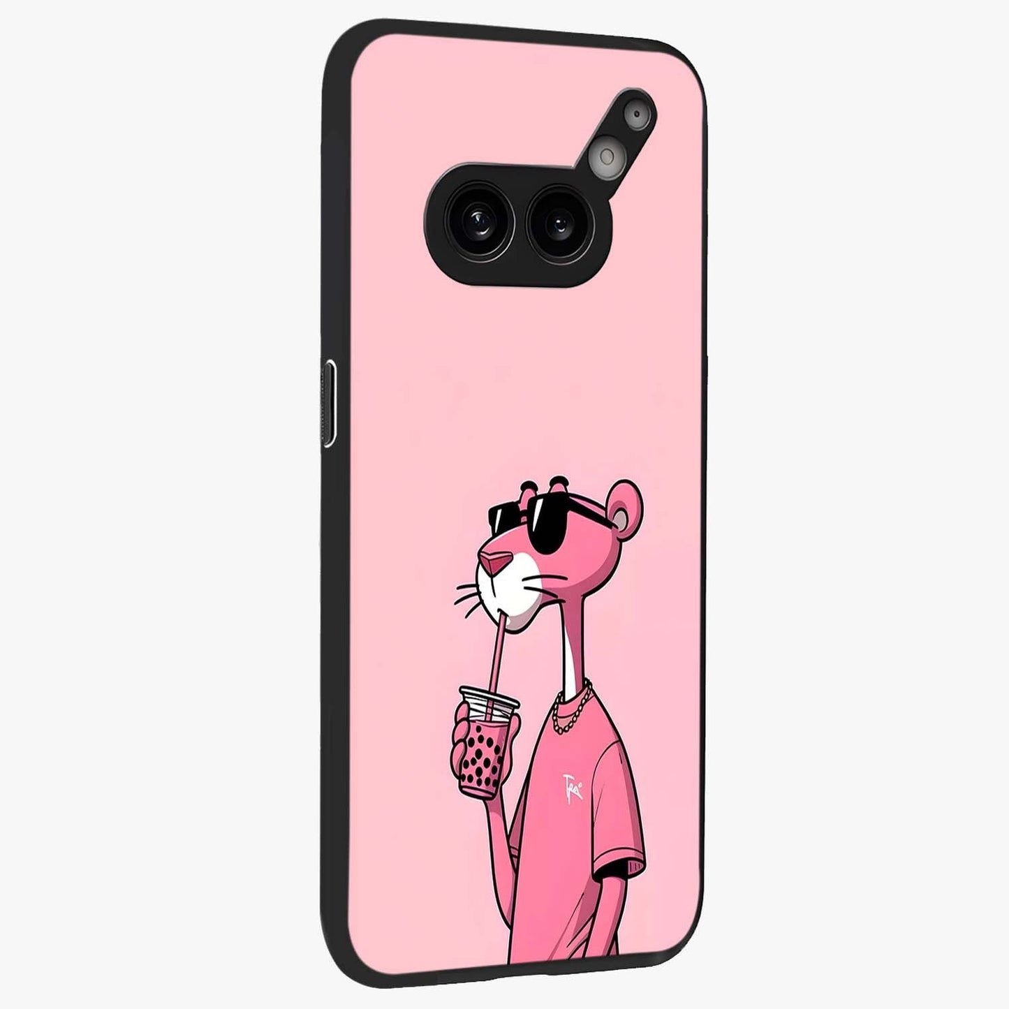 Pink Panther Glass Case upright view showcasing fun animated artwork with stylish retro cartoon theme.