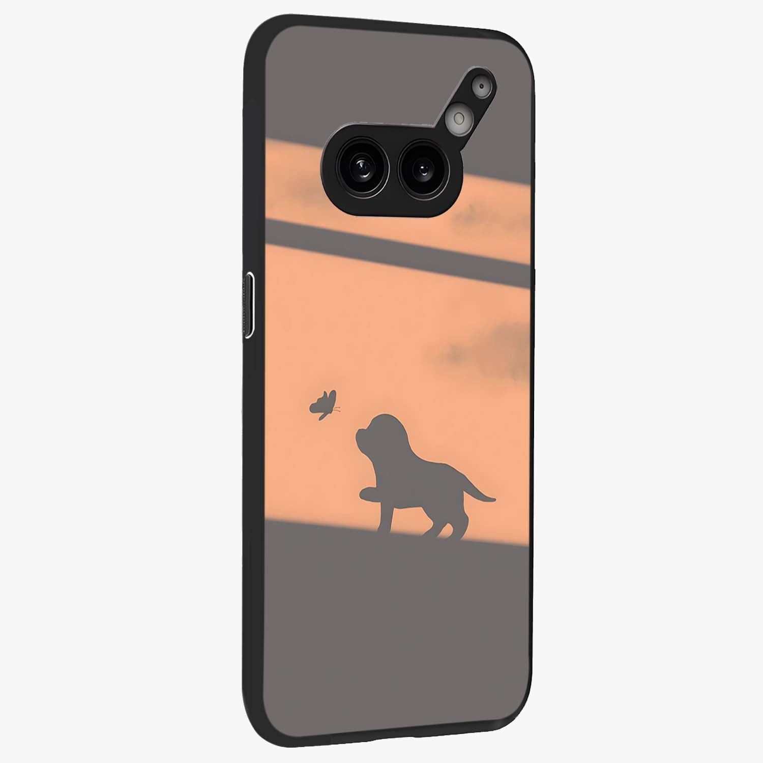 Puppy Shadow Art Glass Case upright view showcasing charming puppy artwork with creative silhouette theme.