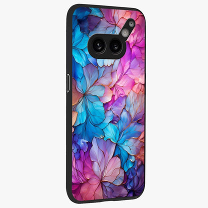 Radiant Floral Whirl Glass Case upright view showcasing lively floral artwork with decorative swirl theme.
