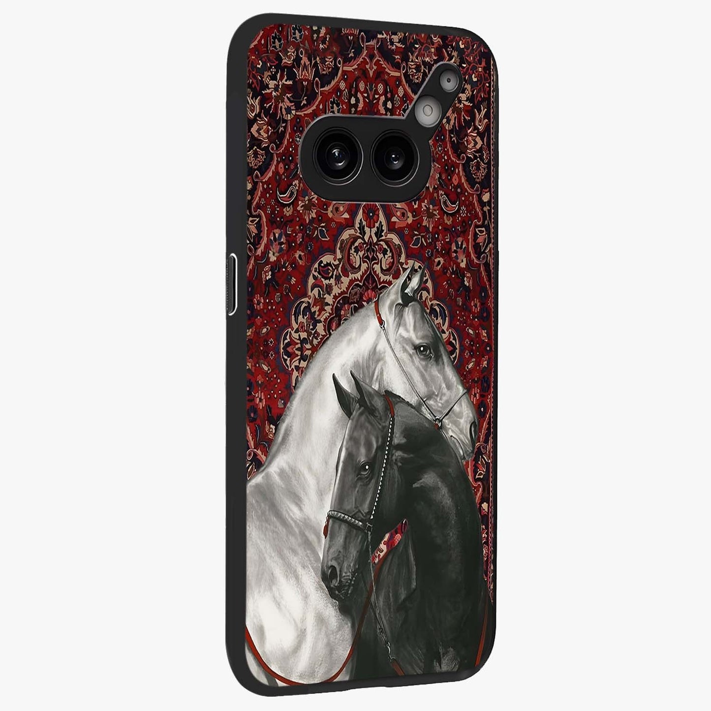 Regal Stallion Tapestry Glass Case upright view showcasing powerful horse artwork with elegant tapestry theme.