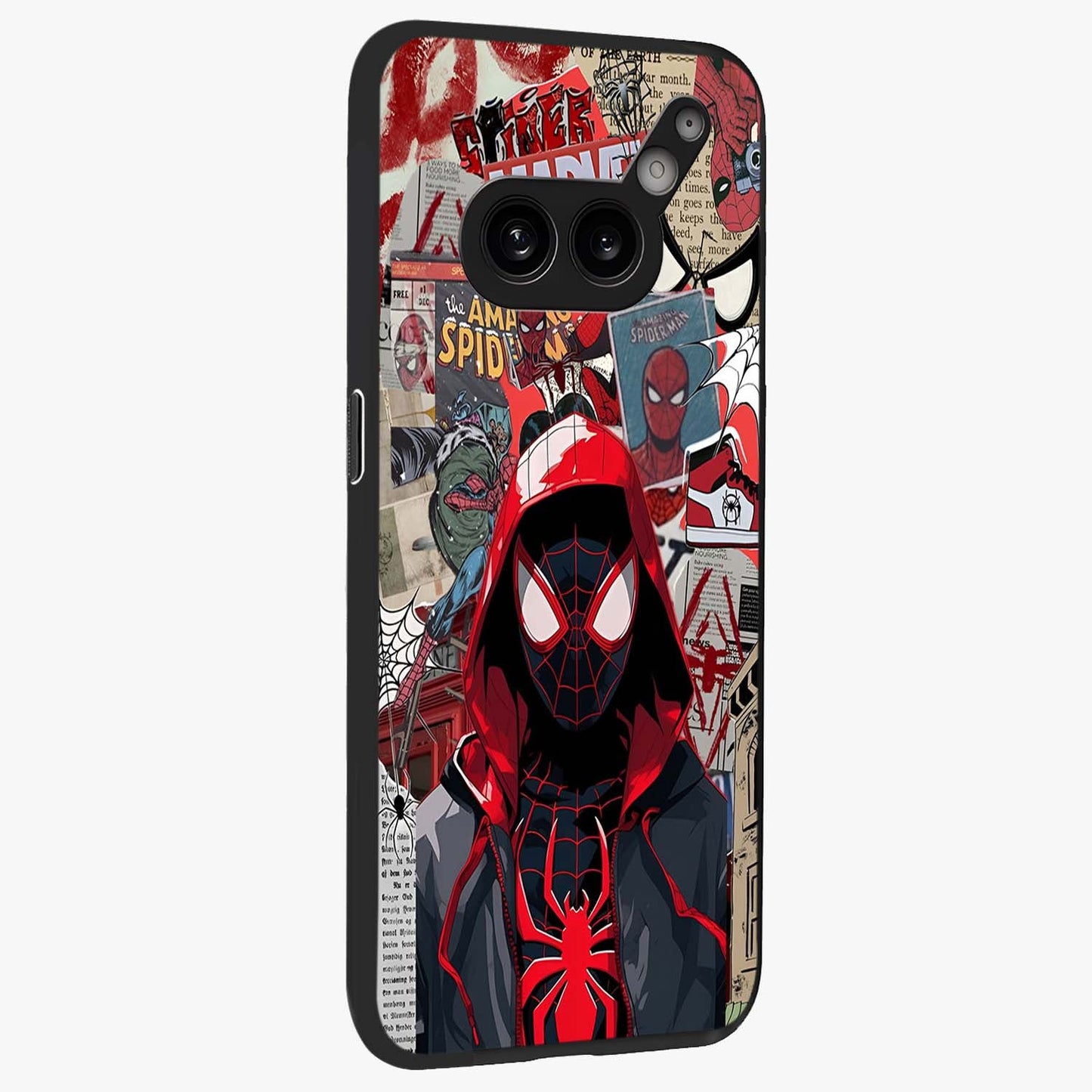 Spider Collage Street Glass Case upright view showcasing bold superhero artwork with urban street theme.