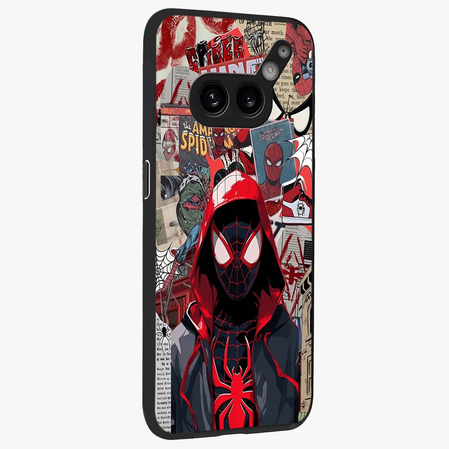Spider Collage Street Glass Case upright view showcasing bold superhero artwork with urban street theme.