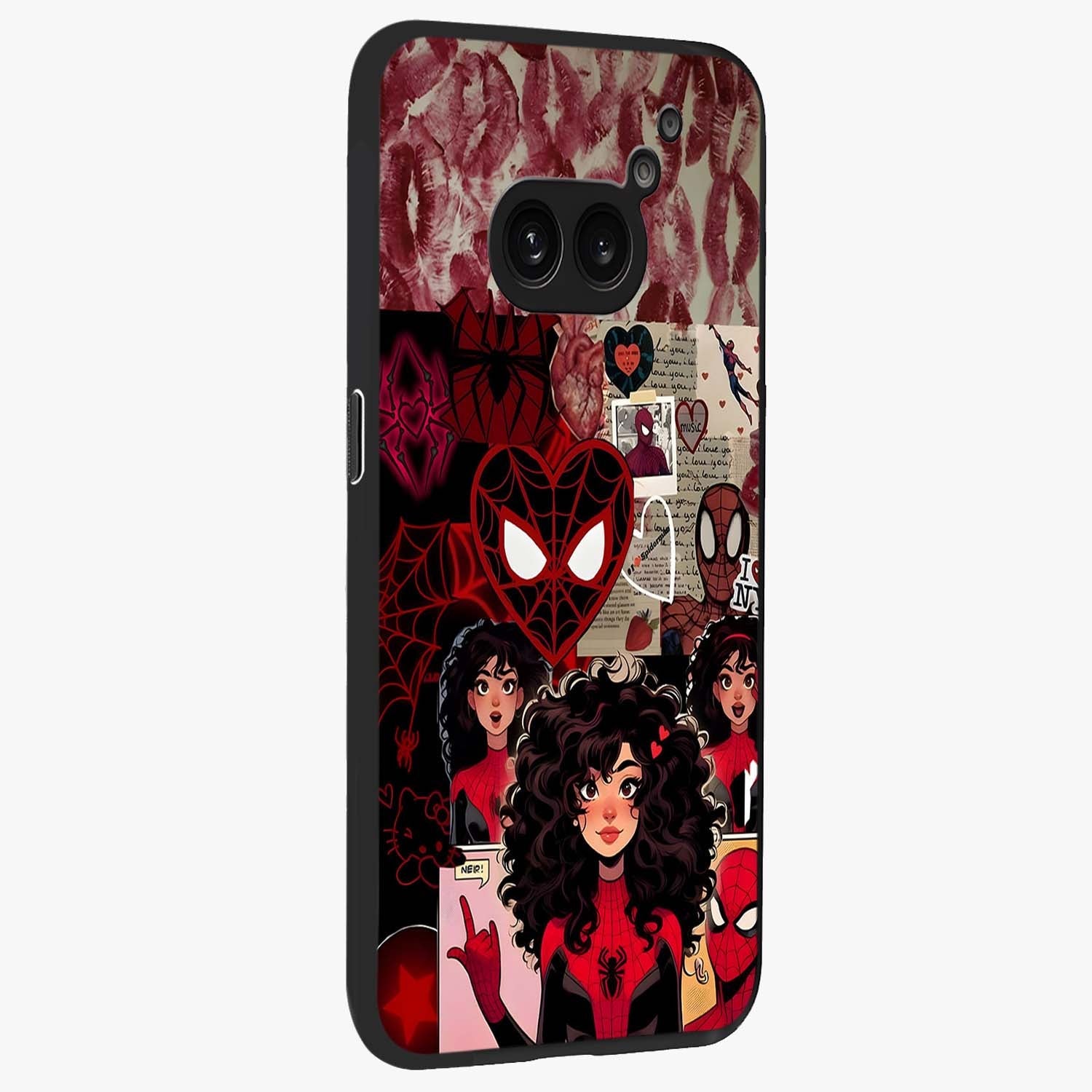 Spider Love Story Glass Case upright view showcasing charming superhero artwork with romantic comic theme.