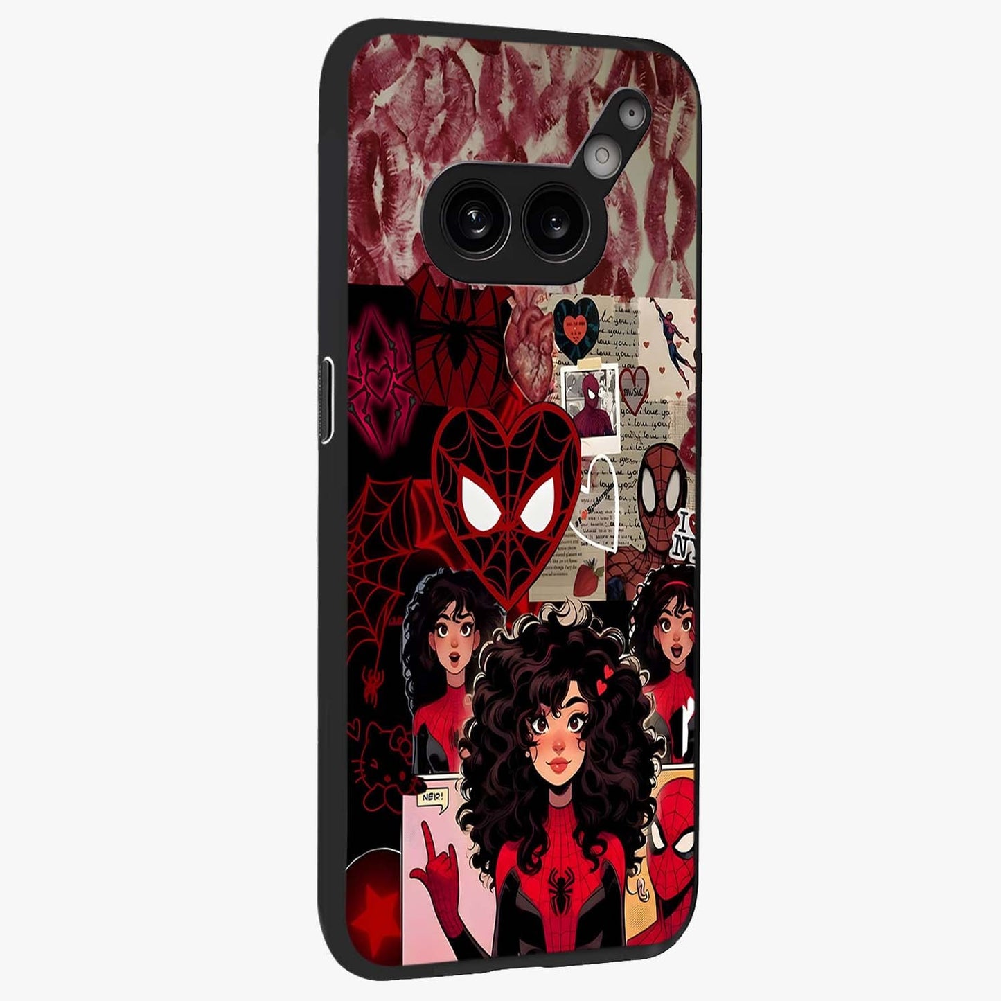 Spider Love Story Glass Case upright view showcasing charming superhero artwork with romantic comic theme.