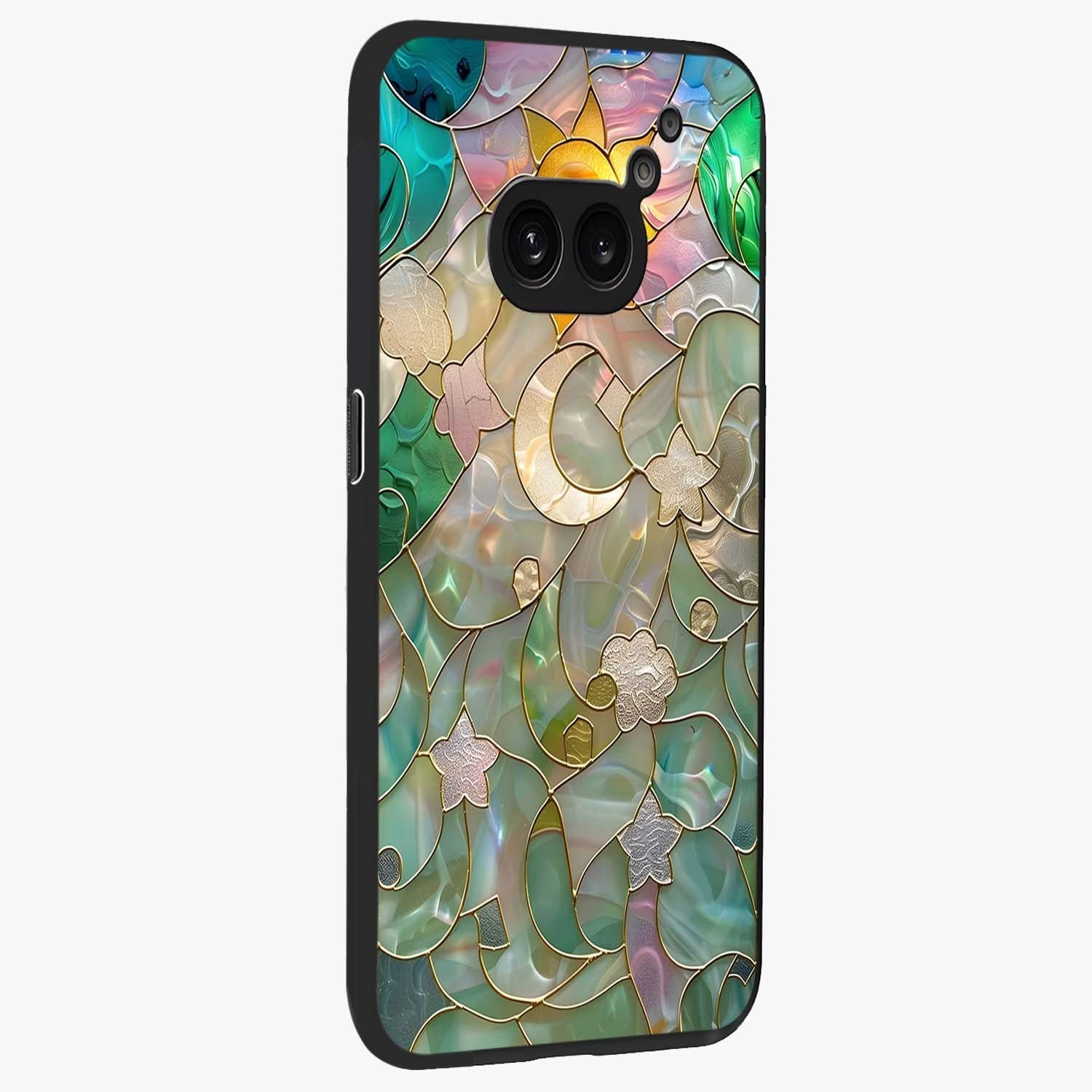 Stained Sunrise Glow Glass Case upright view showcasing colorful sunrise artwork with warm morning theme.